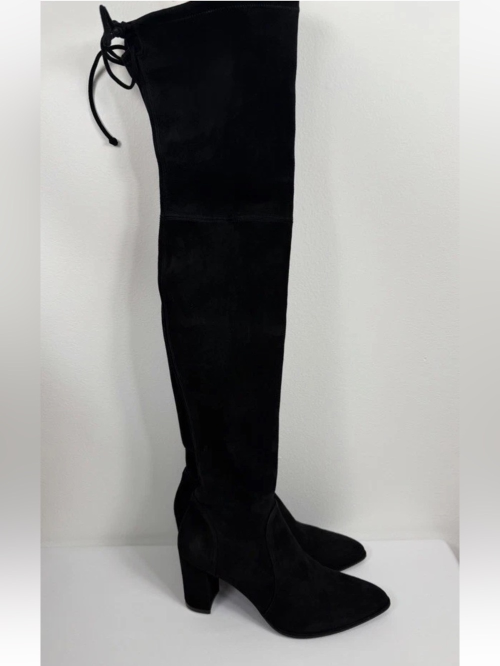 US 8.5 Sz 39 Spain Stuart Weitzman Boots Over Knee Suede Heel Almond Toe Black